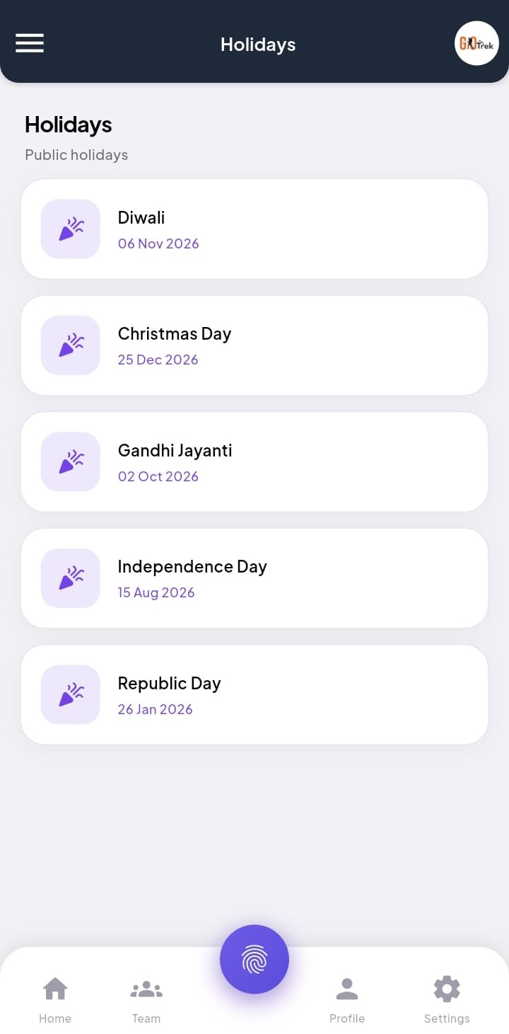 PayrollX employee app holidays list screen